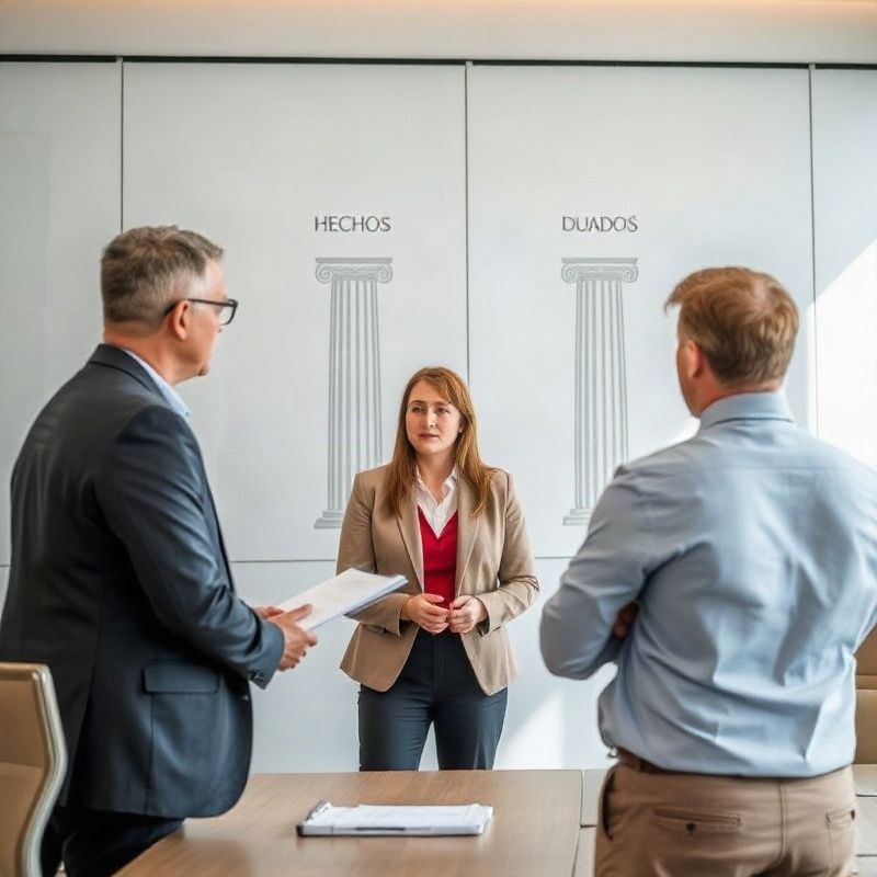 Tres personas revisan supuestos ante una pizarra con columnas de hechos y dudas en una sala de reuniones.